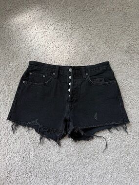 Denim Forum Black Button-Fly Distressed High-Rise Jean Shorts